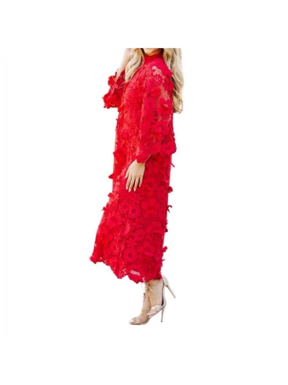 Red 3D Floral Midi Dress with Lace Overlay - Picture 5 of 9